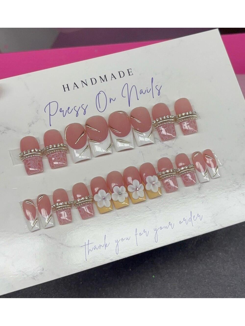 Medium square press on nails lace acrylic flowers chrome white French tips
